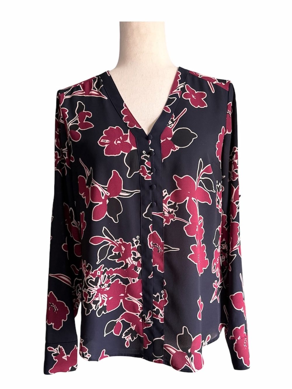 Express Portofino Floral V-Neck Long Sleeve Blouse Navy Burgundy button front S